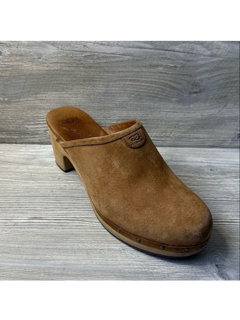 UGG Women's Abbie chestnut Tan Suede leather wood base Clogs size 11